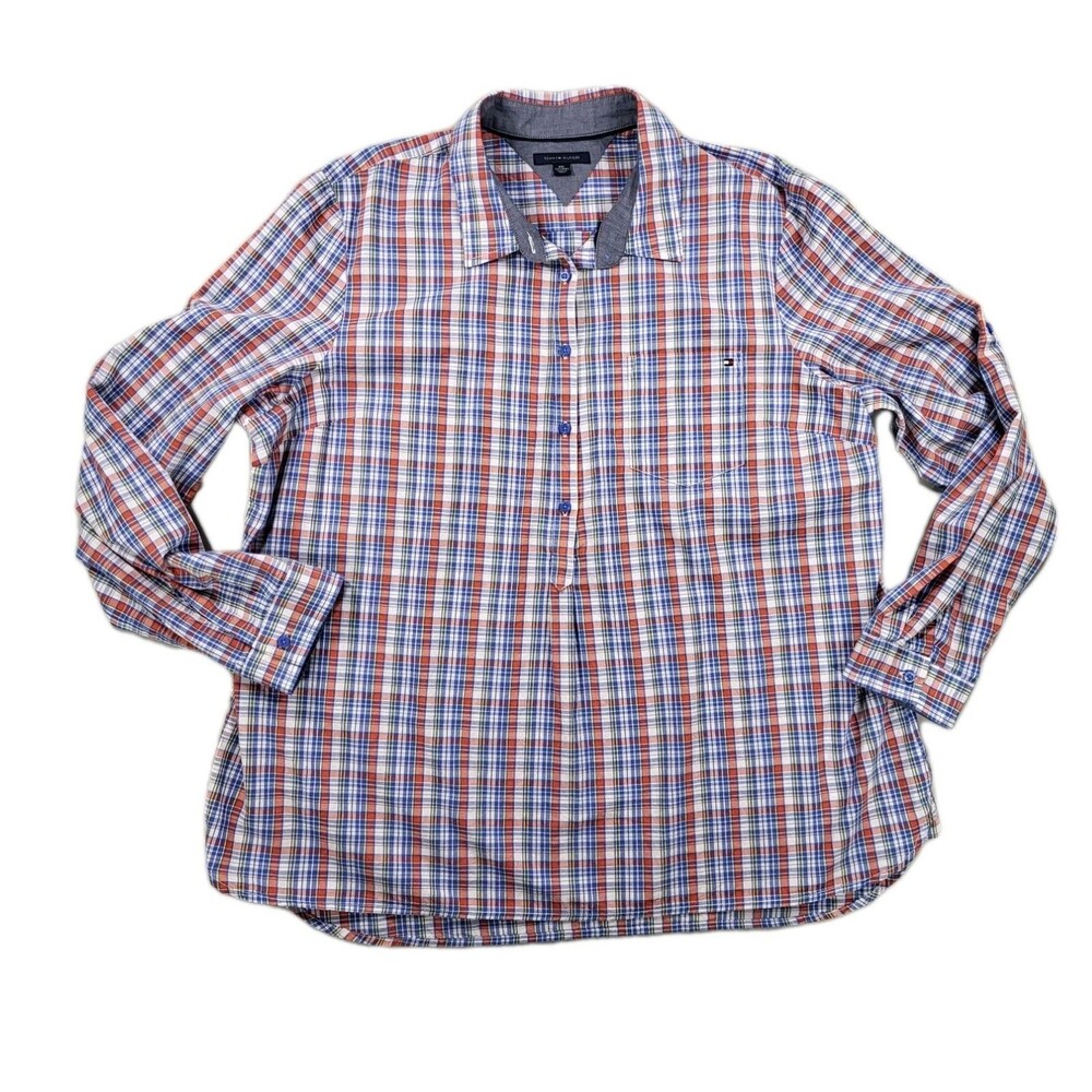 Tommy Hilfiger Plaid Henley Tunic Shirt Roll Tab 3/4 Sleeve Sz 2XL